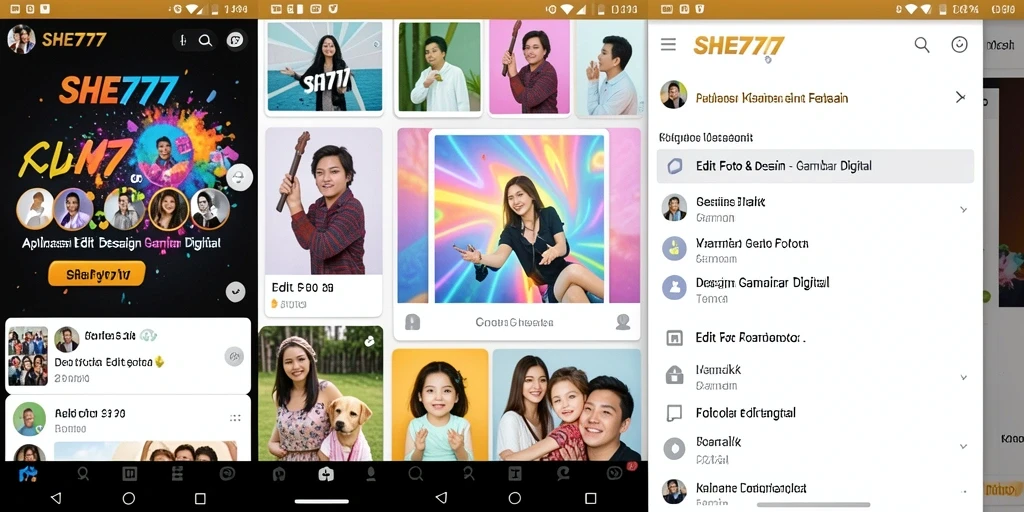 Antarmuka SHE777 menampilkan berbagai pilihan edit foto yang menarik.